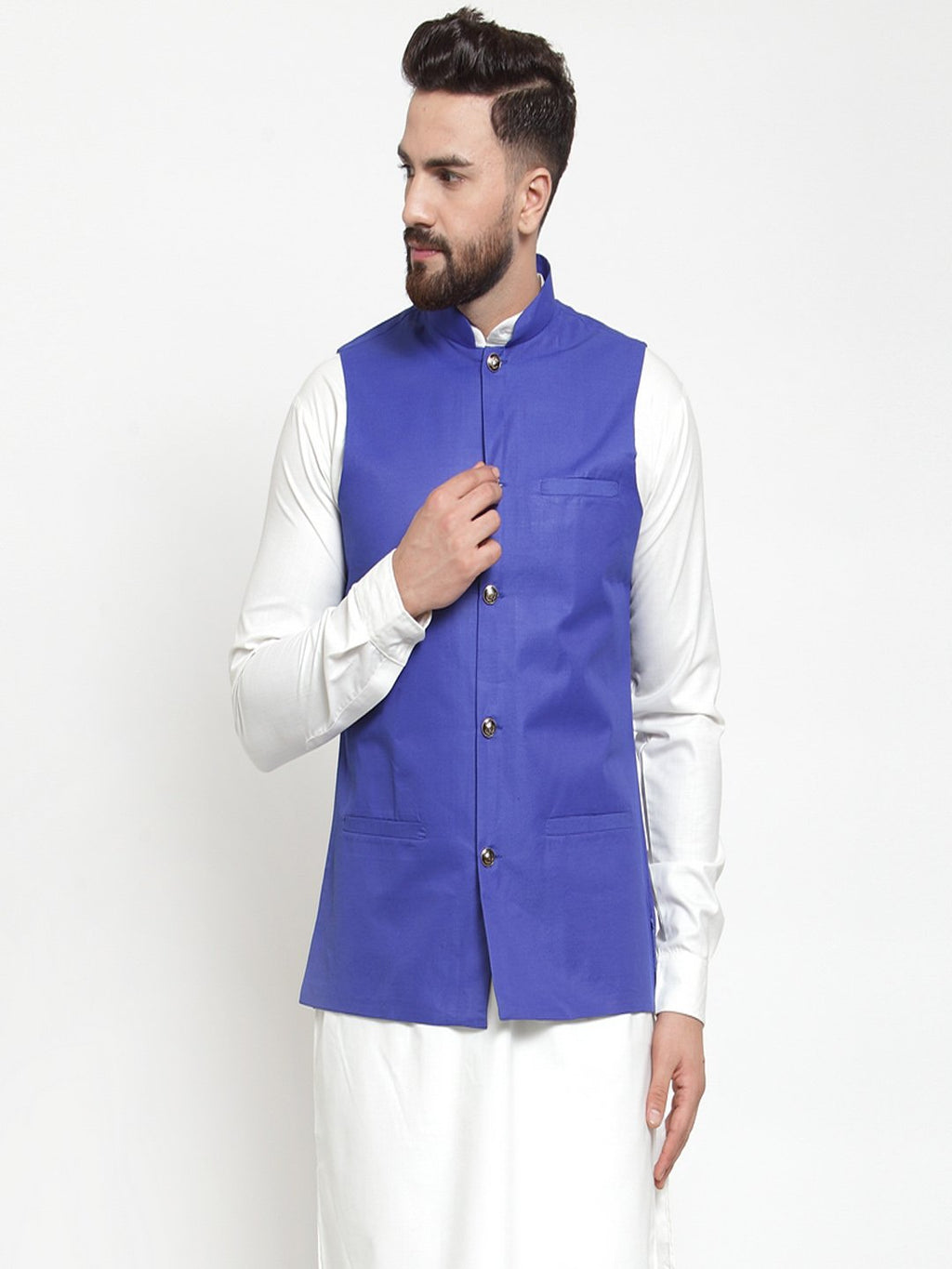 Jompers Men Royal-Blue Solid Nehru Jacket | Grocsy