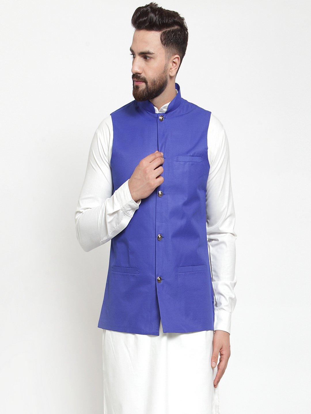 Jompers Men Royal-Blue Solid Nehru Jacket | Grocsy