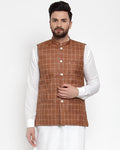 Jompers Men Brown Checked Nehru Jacket | Grocsy