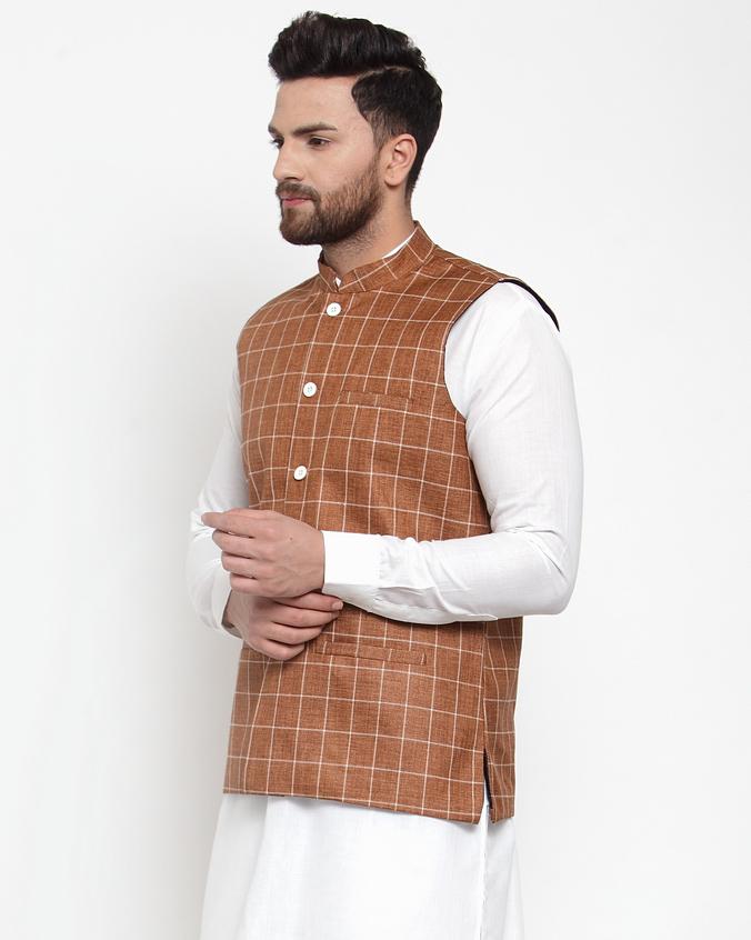 Jompers Men Brown Checked Nehru Jacket | Grocsy