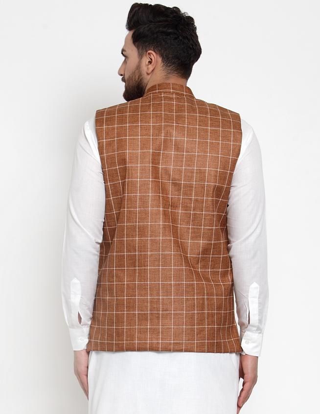 Jompers Men Brown Checked Nehru Jacket | Grocsy