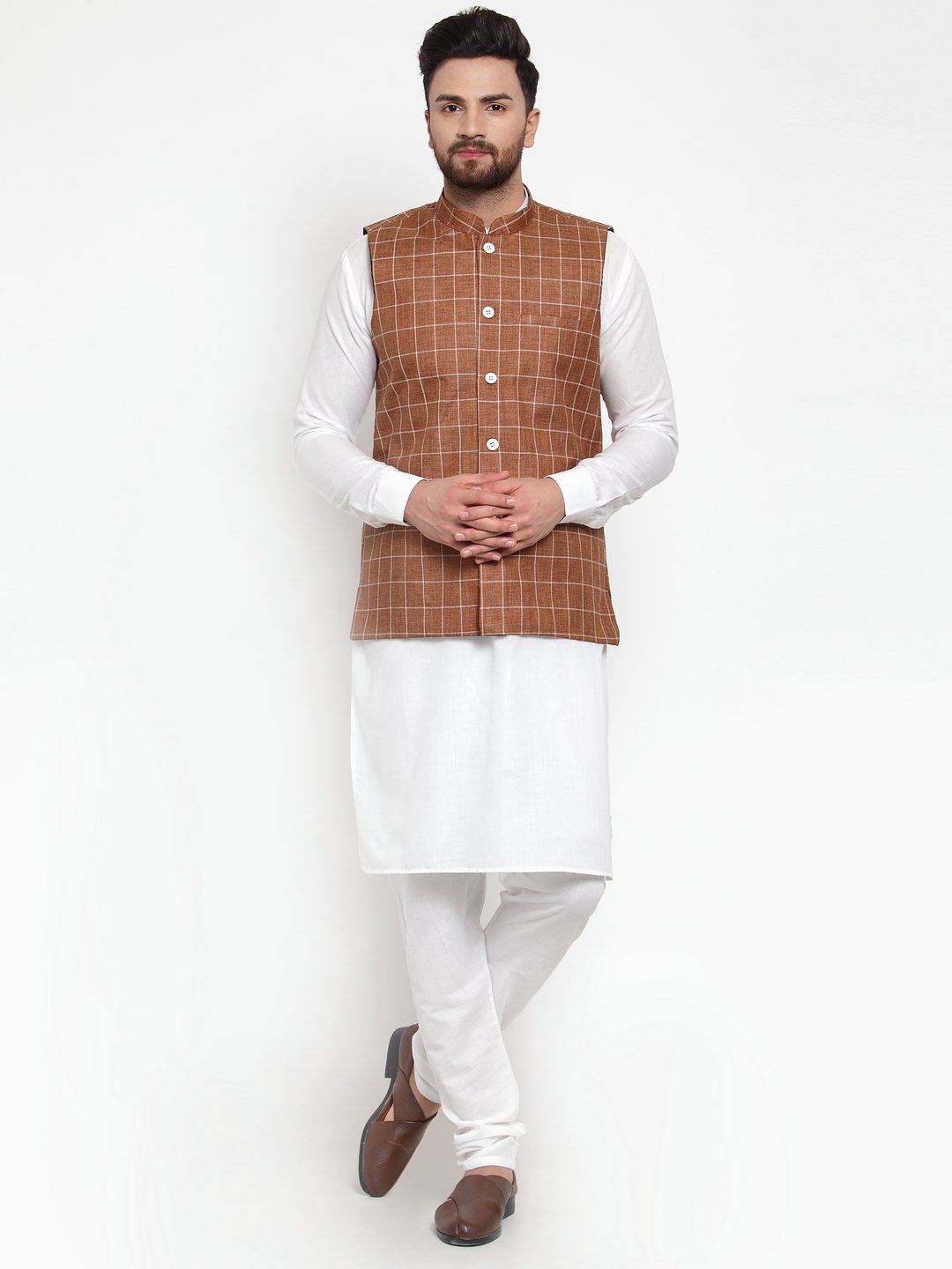 Jompers Men Brown Checked Nehru Jacket | Grocsy