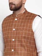 Jompers Men Brown Checked Nehru Jacket | Grocsy