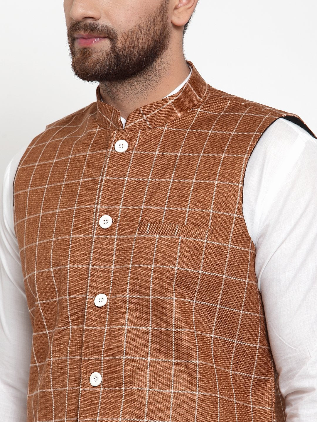 Jompers Men Brown Checked Nehru Jacket | Grocsy