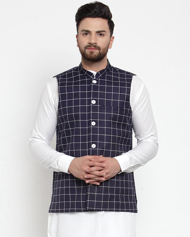 Jompers Men Navy-Blue Checked Nehru Jacket | Grocsy