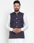 Jompers Men Navy-Blue Checked Nehru Jacket | Grocsy