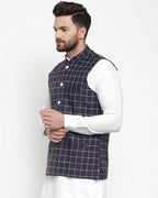 Jompers Men Navy-Blue Checked Nehru Jacket | Grocsy