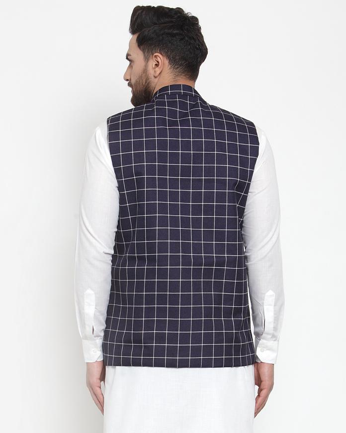 Jompers Men Navy-Blue Checked Nehru Jacket | Grocsy