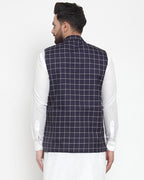 Jompers Men Navy-Blue Checked Nehru Jacket | Grocsy