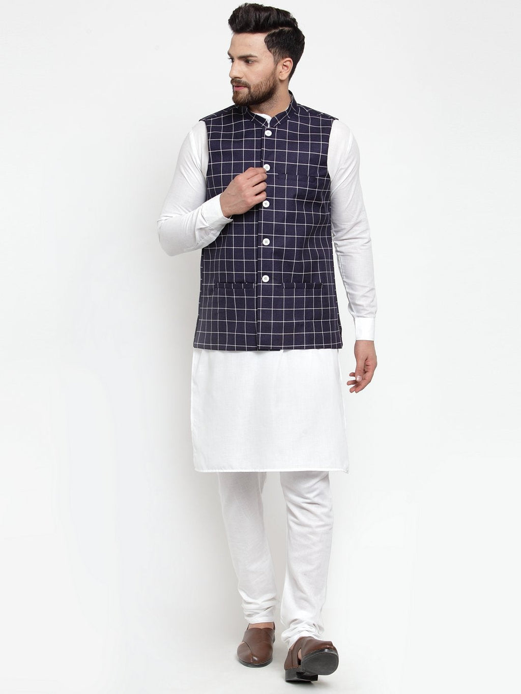 Jompers Men Navy-Blue Checked Nehru Jacket | Grocsy