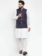 Jompers Men Navy-Blue Checked Nehru Jacket | Grocsy