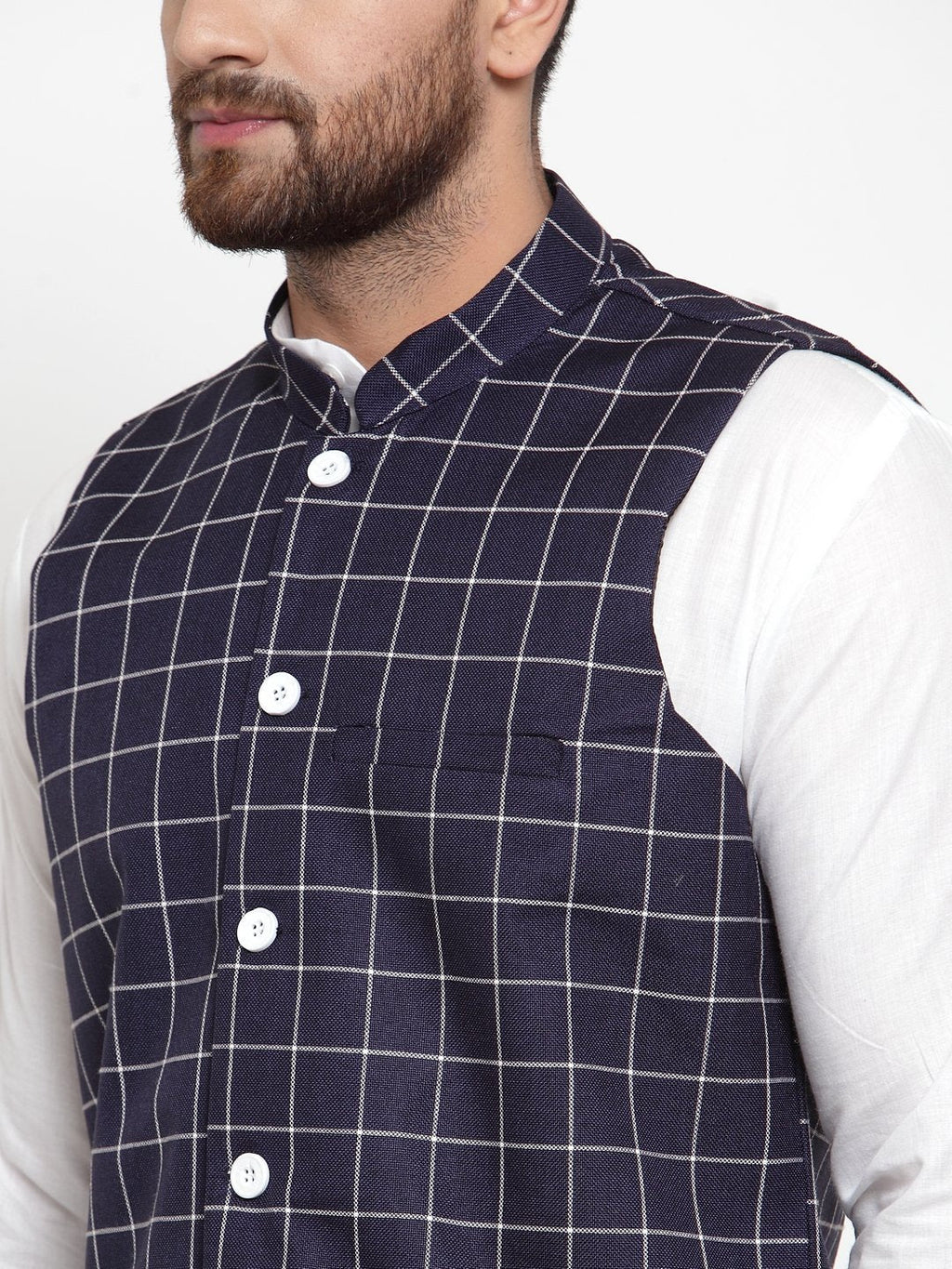 Jompers Men Navy-Blue Checked Nehru Jacket | Grocsy