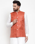 Jompers Men Peach Checked Nehru Jacket | Grocsy