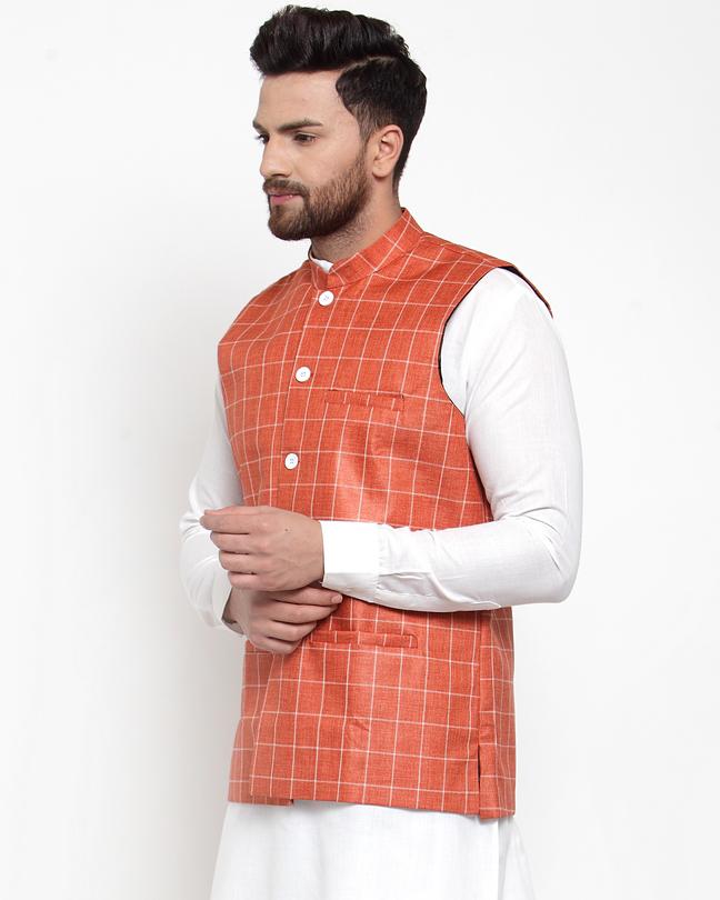Jompers Men Peach Checked Nehru Jacket | Grocsy