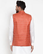 Jompers Men Peach Checked Nehru Jacket | Grocsy