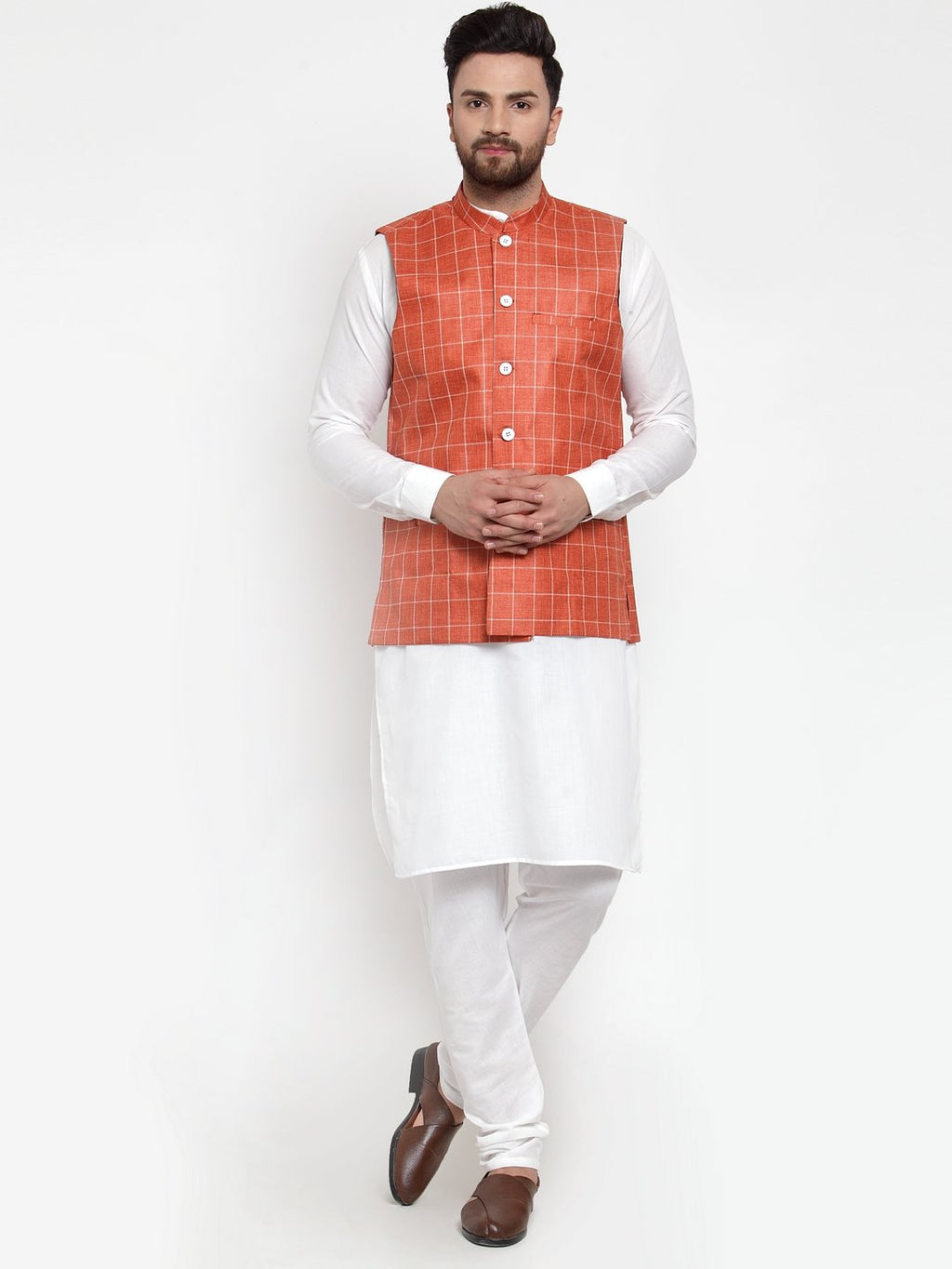 Jompers Men Peach Checked Nehru Jacket | Grocsy