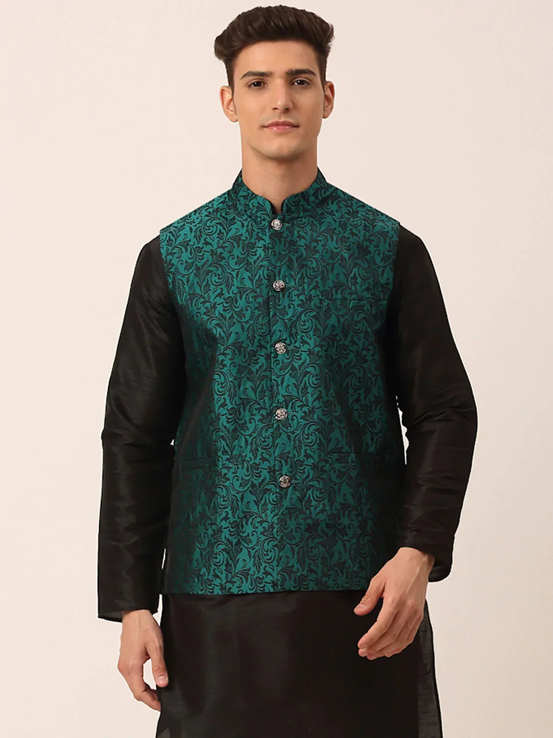 Jompers Men's Green Woven Design Nehru Jacket | Grocsy