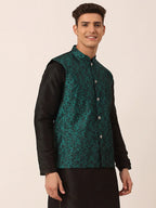 Jompers Men's Green Woven Design Nehru Jacket | Grocsy