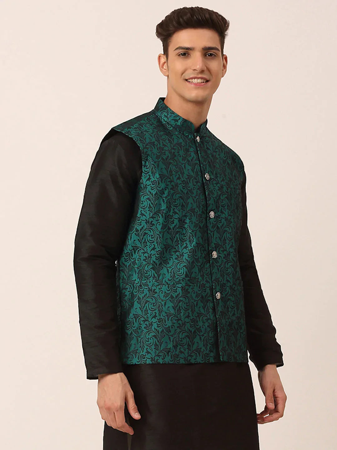 Jompers Men's Green Woven Design Nehru Jacket | Grocsy