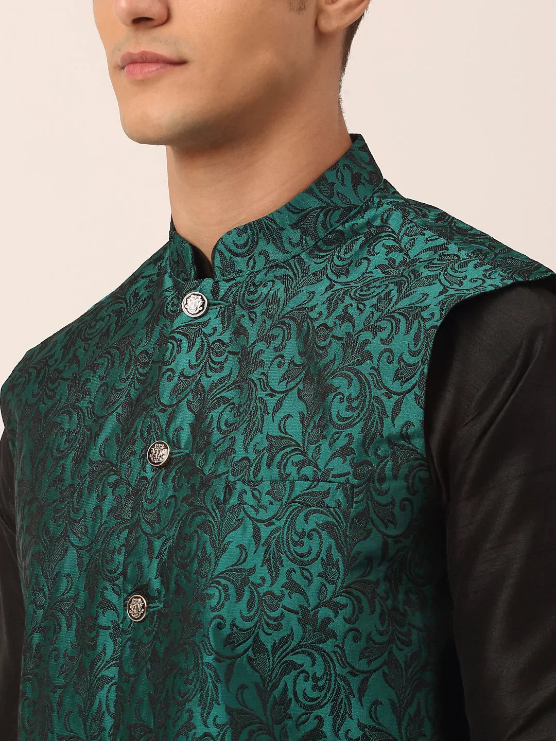 Jompers Men's Green Woven Design Nehru Jacket | Grocsy
