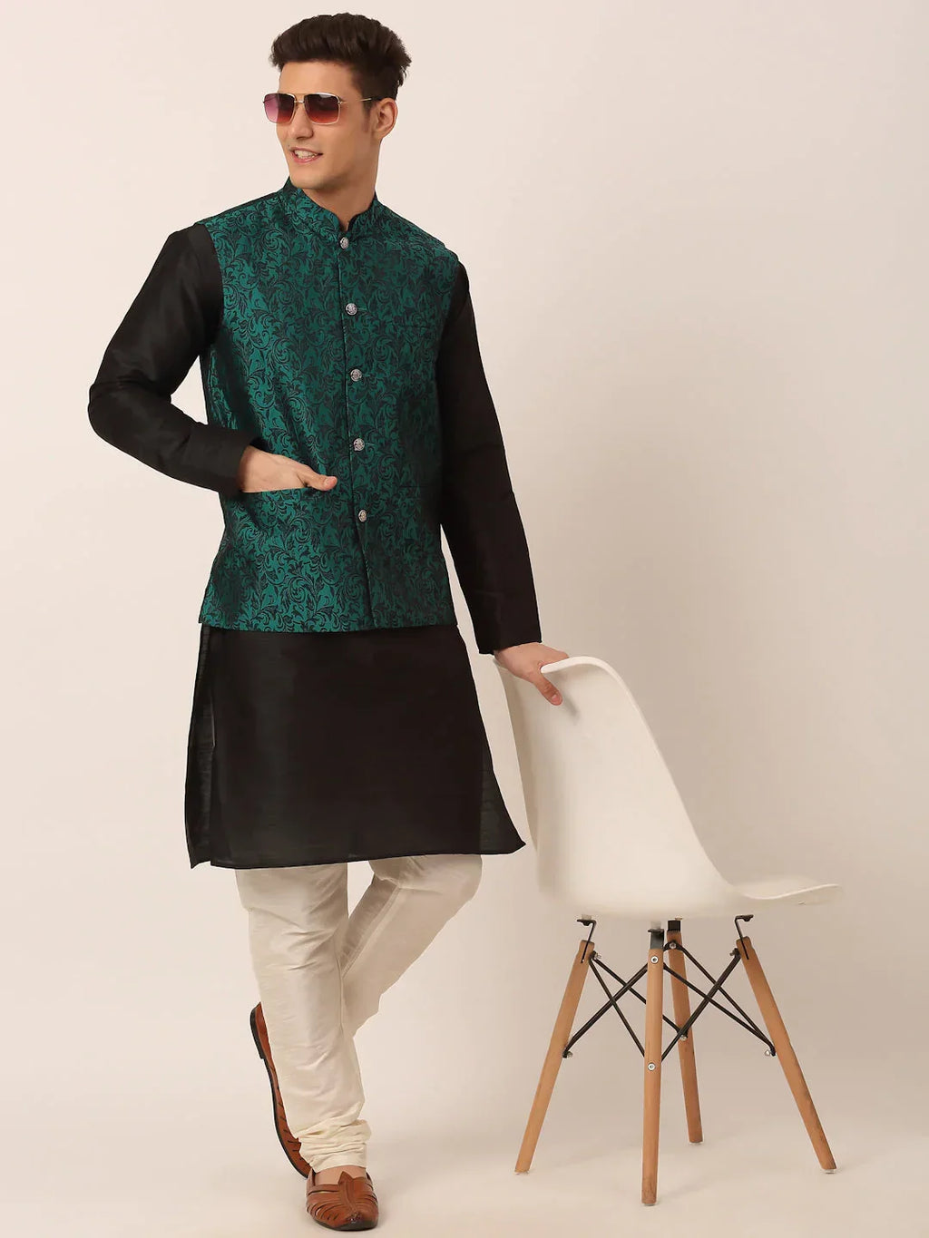 Jompers Men's Green Woven Design Nehru Jacket | Grocsy