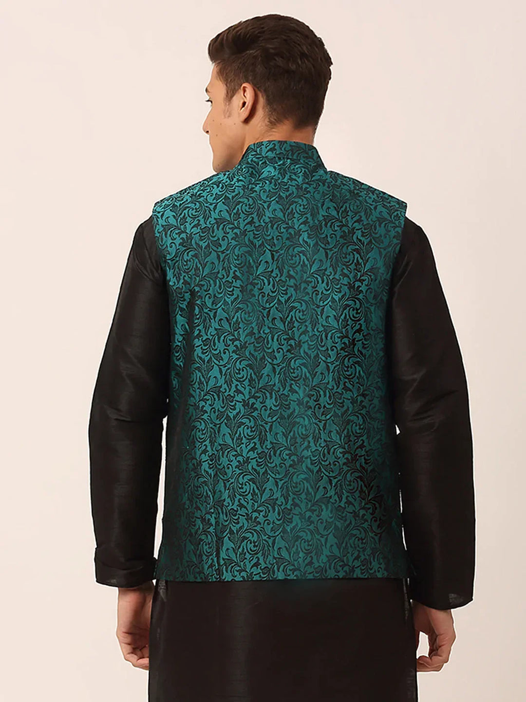 Jompers Men's Green Woven Design Nehru Jacket | Grocsy