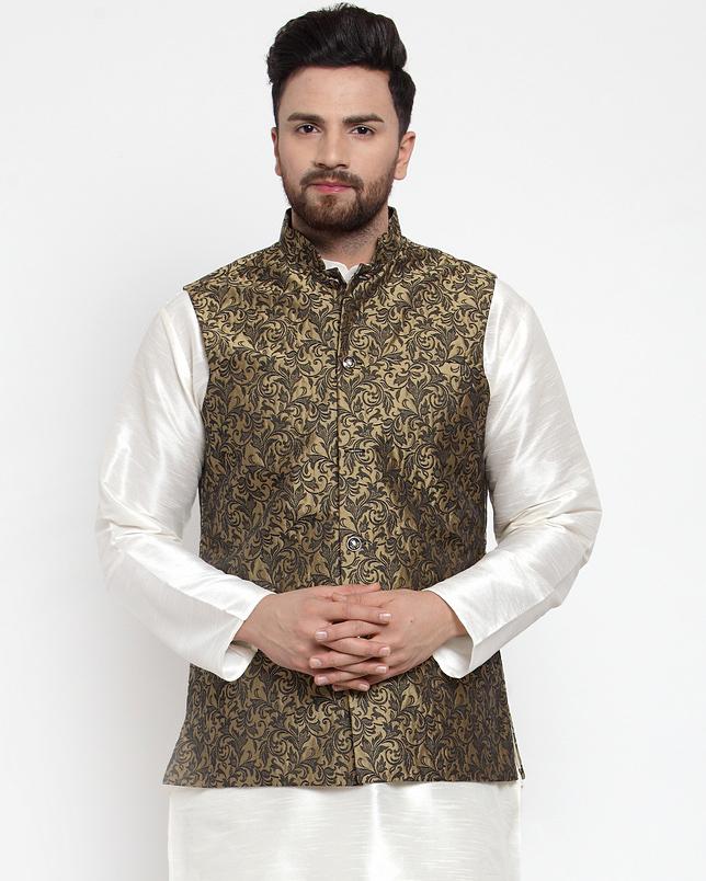 Jompers Men Gold-Coloured & Black Woven Design Nehru Jacket | Grocsy