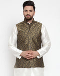 Jompers Men Gold-Coloured & Black Woven Design Nehru Jacket | Grocsy
