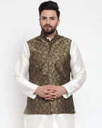 Jompers Men Gold-Coloured & Black Woven Design Nehru Jacket | Grocsy