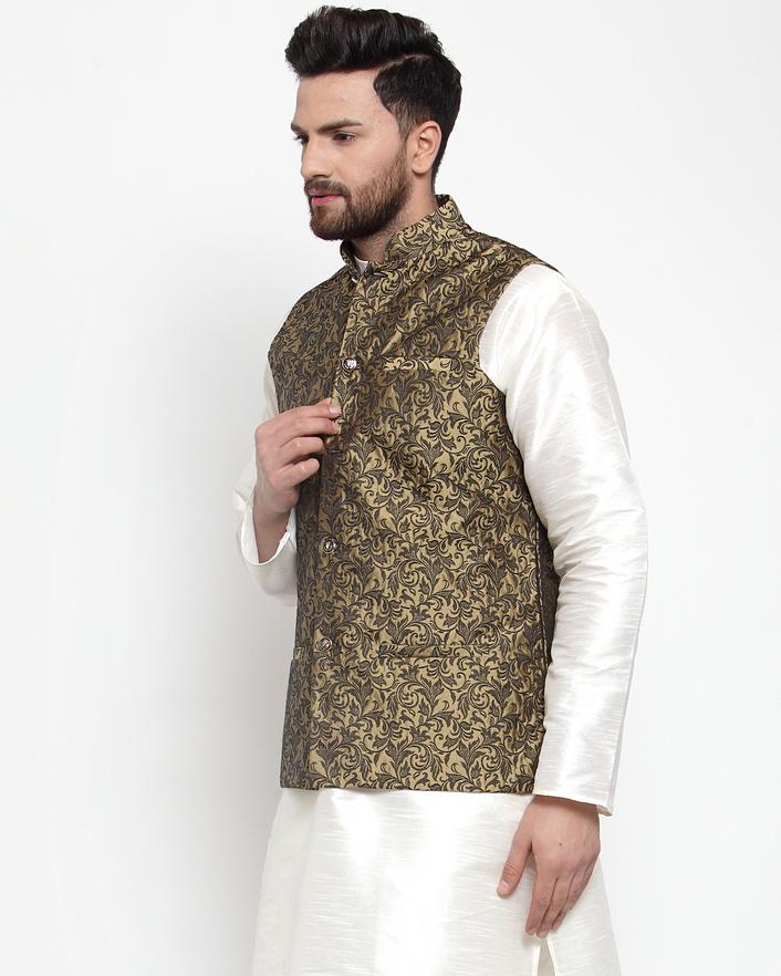 Jompers Men Gold-Coloured & Black Woven Design Nehru Jacket | Grocsy
