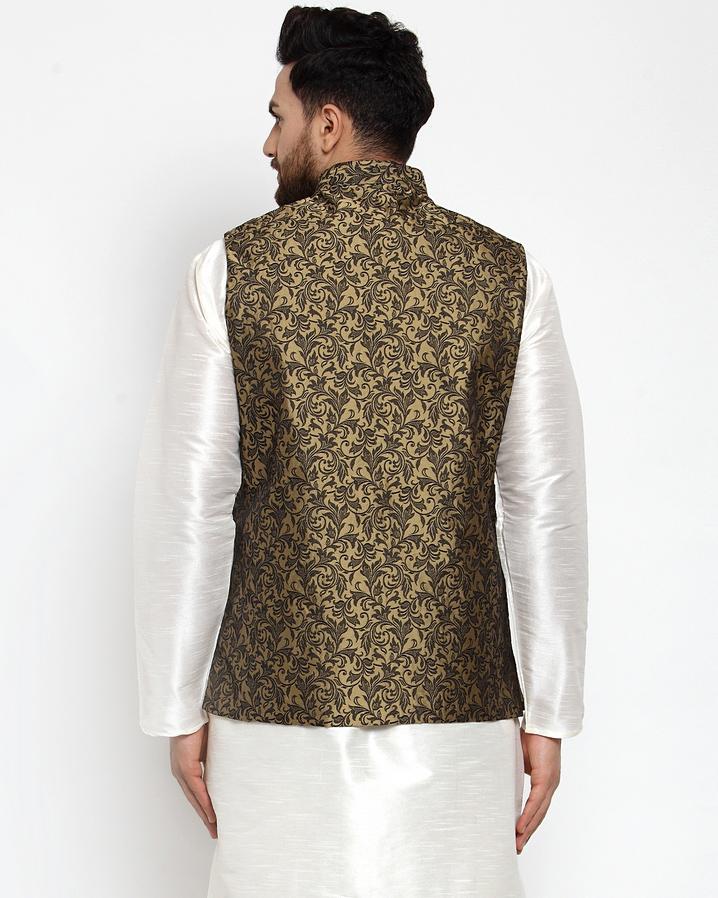 Jompers Men Gold-Coloured & Black Woven Design Nehru Jacket | Grocsy