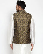 Jompers Men Gold-Coloured & Black Woven Design Nehru Jacket | Grocsy