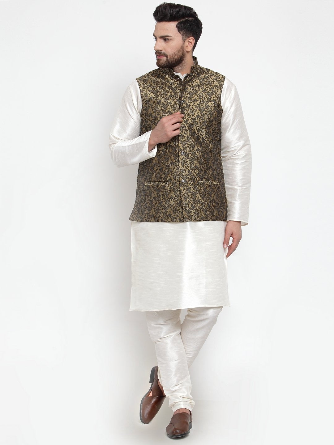 Jompers Men Gold-Coloured & Black Woven Design Nehru Jacket | Grocsy