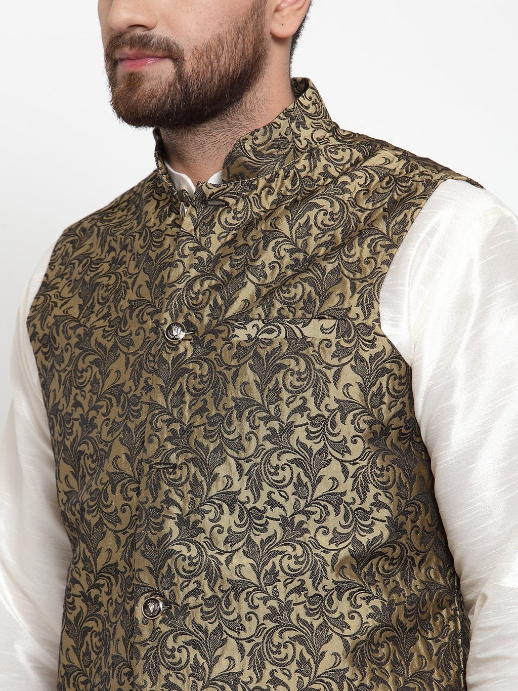 Jompers Men Gold-Coloured & Black Woven Design Nehru Jacket | Grocsy