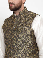 Jompers Men Gold-Coloured & Black Woven Design Nehru Jacket | Grocsy