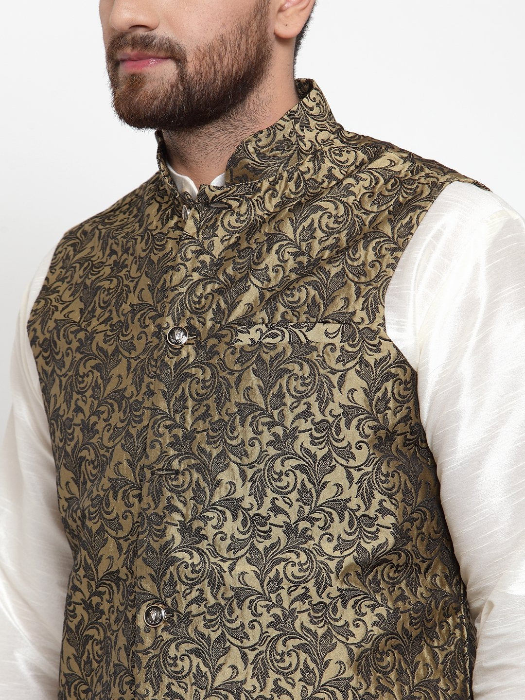 Jompers Men Gold-Coloured & Black Woven Design Nehru Jacket | Grocsy
