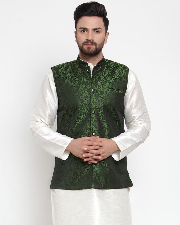 Jompers Men Green-Coloured & Black Woven Design Nehru Jacket (Mehndi) | Grocsy