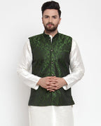 Jompers Men Green-Coloured & Black Woven Design Nehru Jacket (Mehndi) | Grocsy