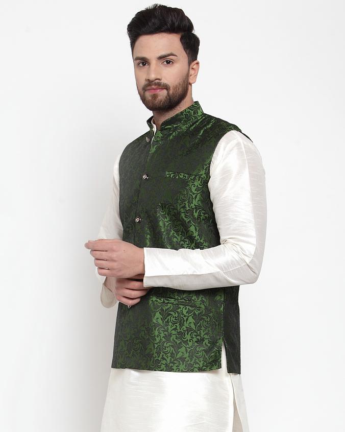 Jompers Men Green-Coloured & Black Woven Design Nehru Jacket (Mehndi) | Grocsy