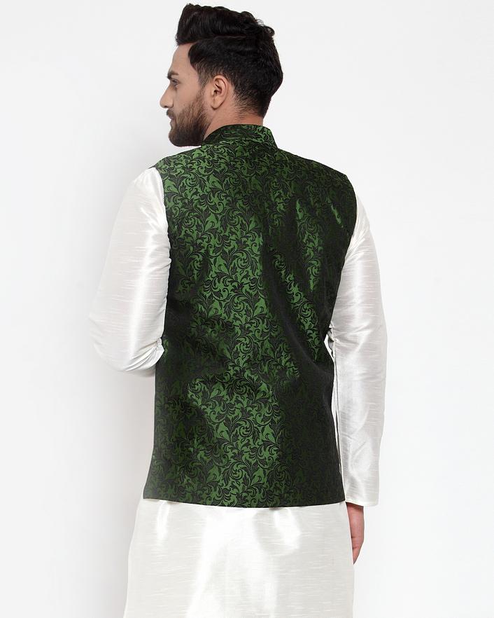 Jompers Men Green-Coloured & Black Woven Design Nehru Jacket (Mehndi) | Grocsy