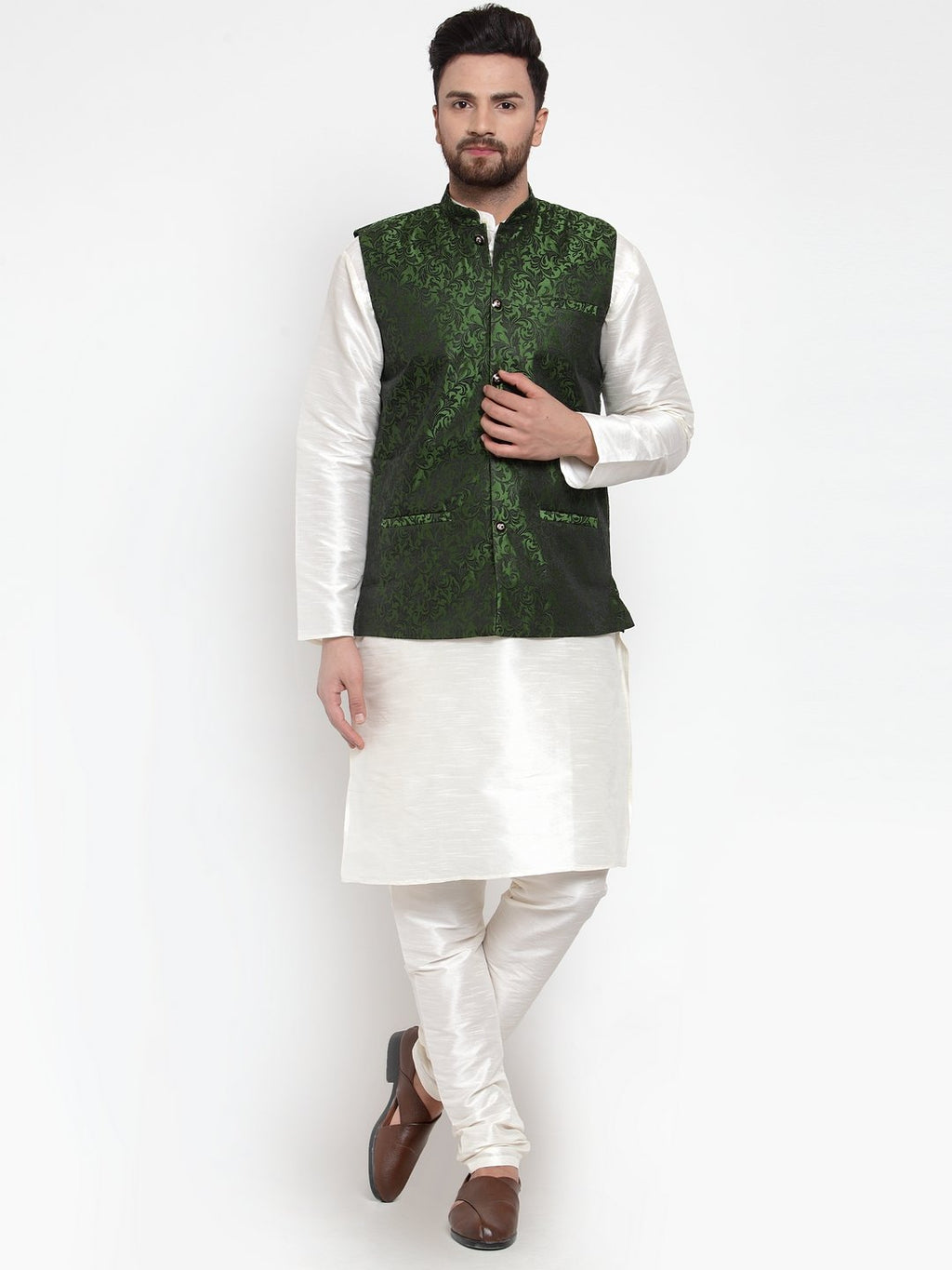Jompers Men Green-Coloured & Black Woven Design Nehru Jacket (Mehndi) | Grocsy