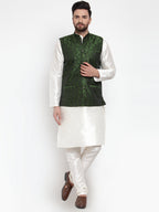 Jompers Men Green-Coloured & Black Woven Design Nehru Jacket (Mehndi) | Grocsy