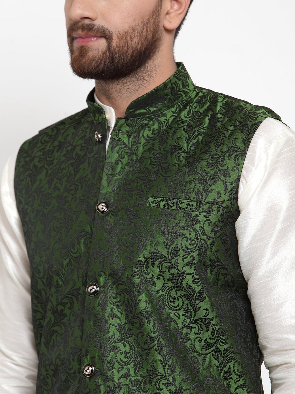 Jompers Men Green-Coloured & Black Woven Design Nehru Jacket (Mehndi) | Grocsy