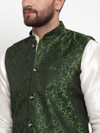 Jompers Men Green-Coloured & Black Woven Design Nehru Jacket (Mehndi) | Grocsy