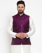 Jompers Men Purple-Coloured & Black Woven Design Nehru Jacket | Grocsy