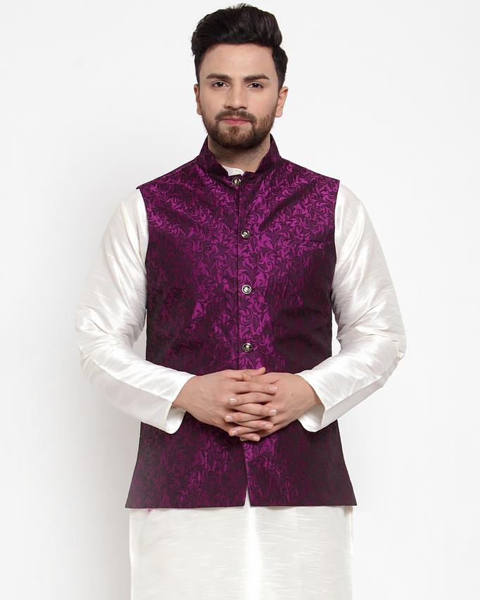 Jompers Men Purple-Coloured & Black Woven Design Nehru Jacket | Grocsy