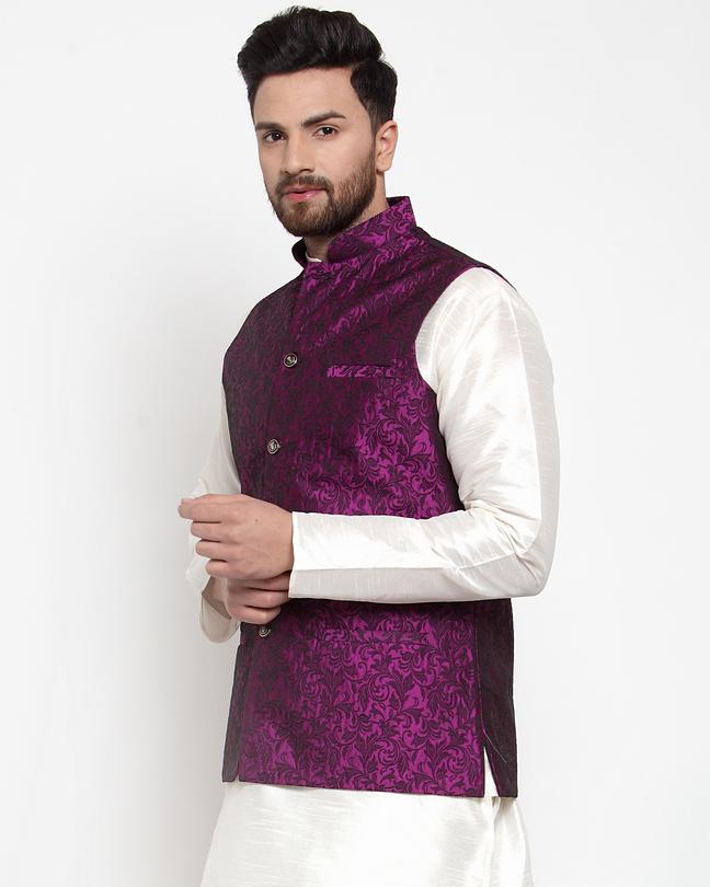 Jompers Men Purple-Coloured & Black Woven Design Nehru Jacket | Grocsy