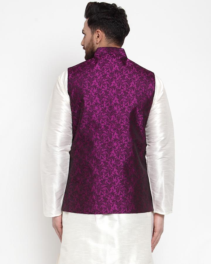 Jompers Men Purple-Coloured & Black Woven Design Nehru Jacket | Grocsy