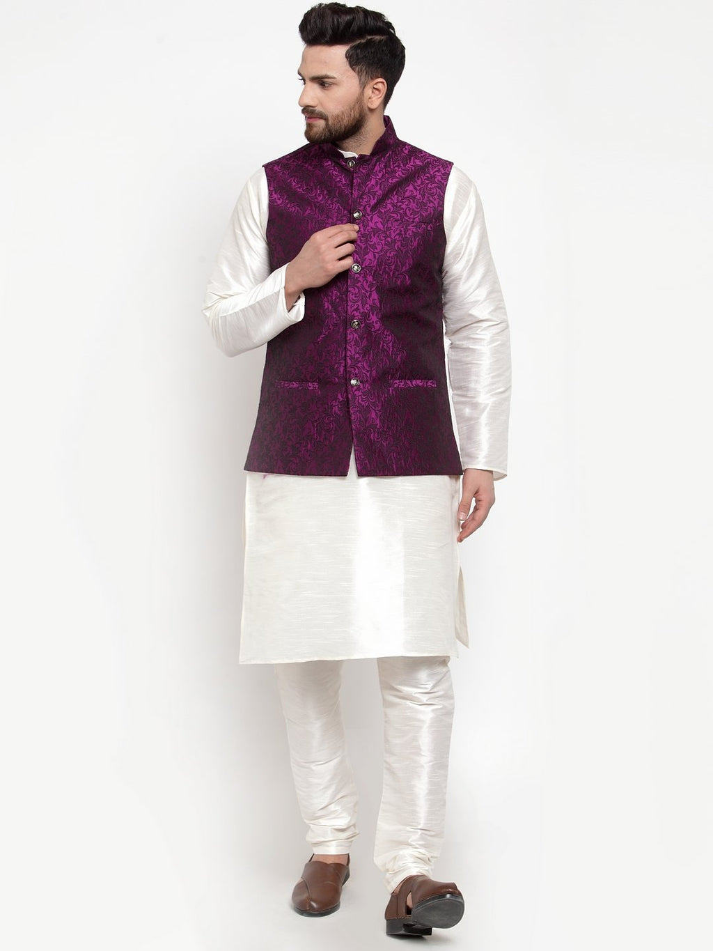 Jompers Men Purple-Coloured & Black Woven Design Nehru Jacket | Grocsy