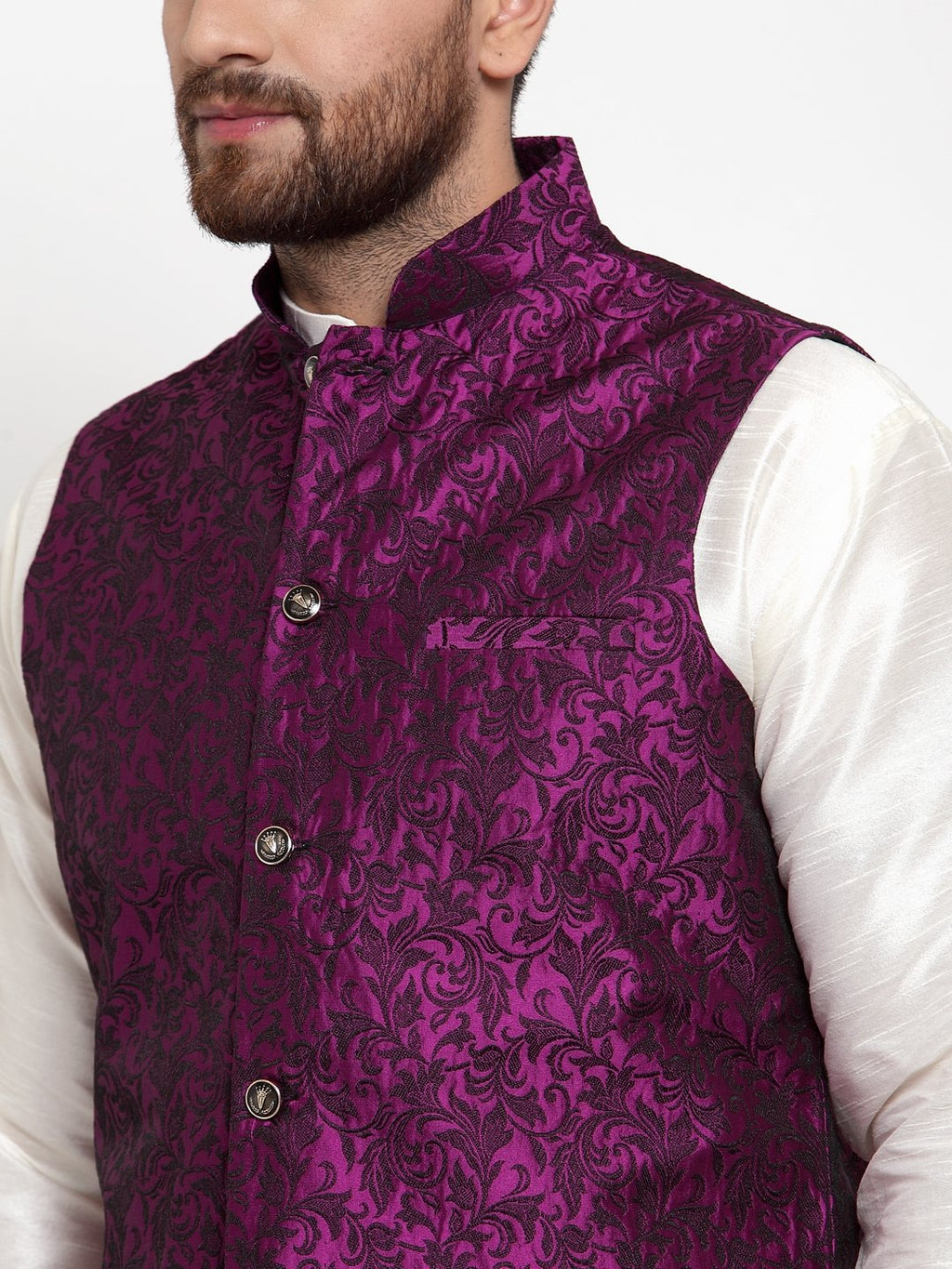 Jompers Men Purple-Coloured & Black Woven Design Nehru Jacket | Grocsy